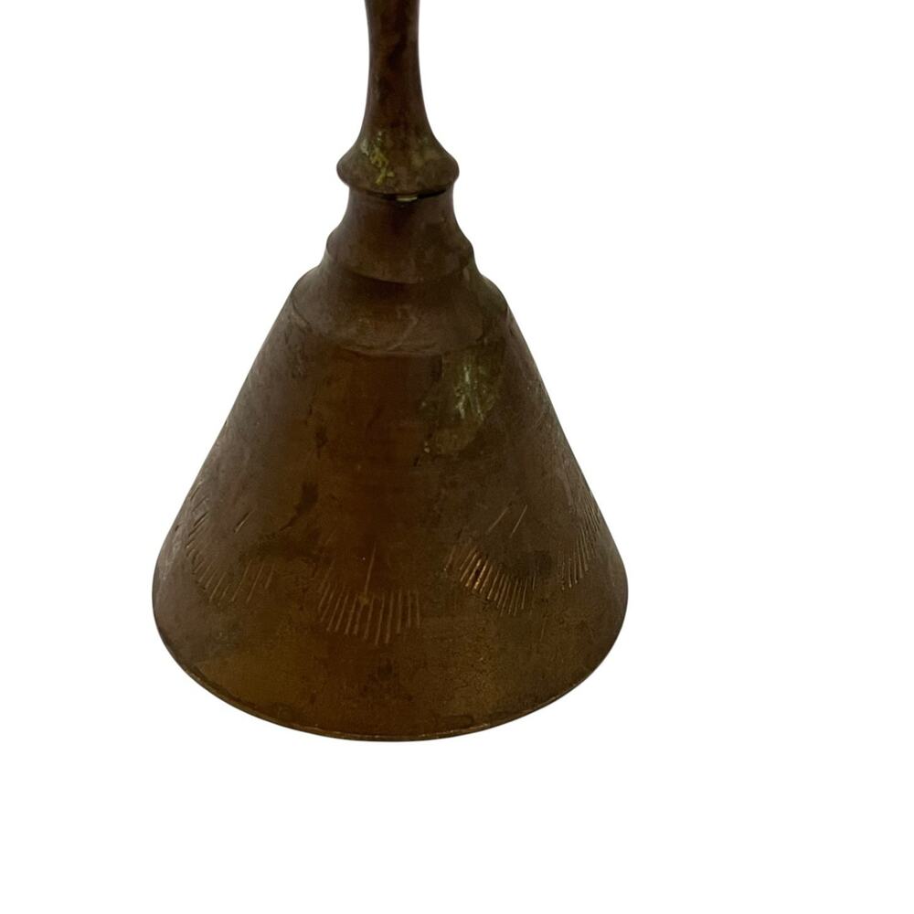 Vintage Etched Brass Hand Bell Ornate Design Small Dark Patina - Picture 3 of 8